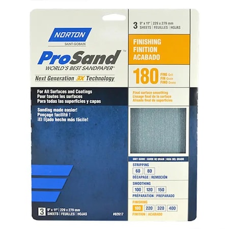 Norton Co 9" x 11" ProSand Sanding Sheet 180-Grit, PK 3 02617